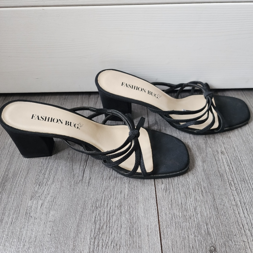 Y2K Vintage Fashion Bug Women’s Black Strappy Block Heels Size 7.5 Open Toe